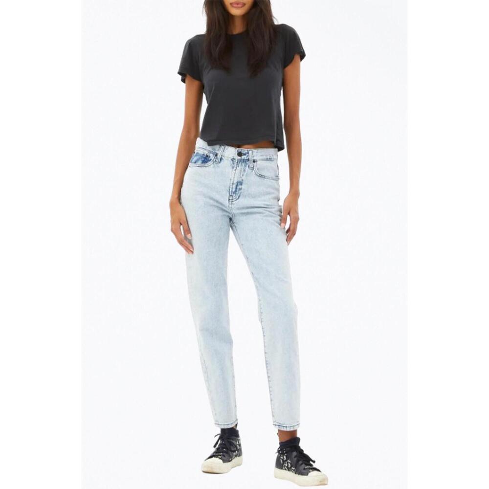 NEW UNEMPLOYED DENIM leather pocket high-rise tapered jeans in light blue